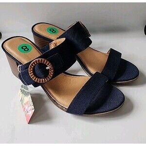 Tommy Bahama Tonia Sandals Womens Size 8 Navy Blue Canvas Heeled Strap Buckle